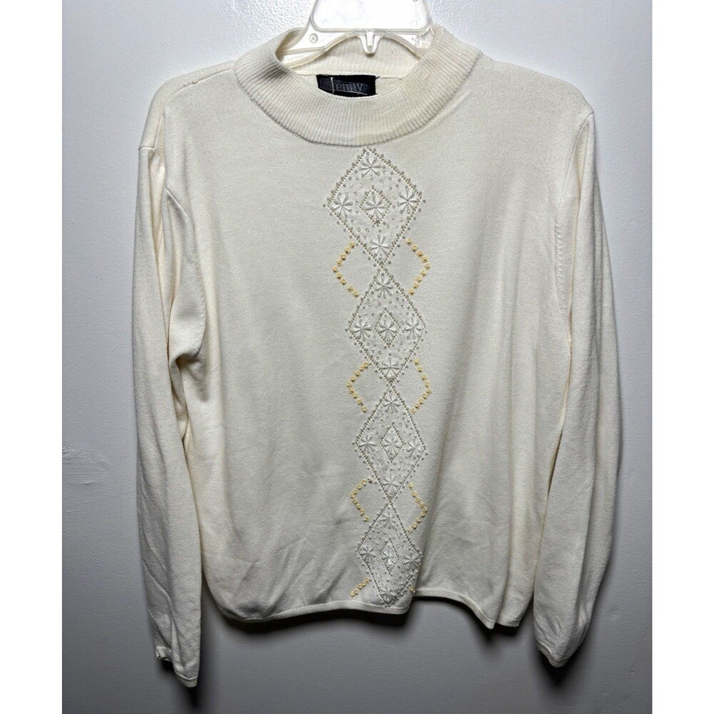 Jenny Women’s L Ivory Geometric Crew Neck Knit Beaded Long Sleeve Pullover